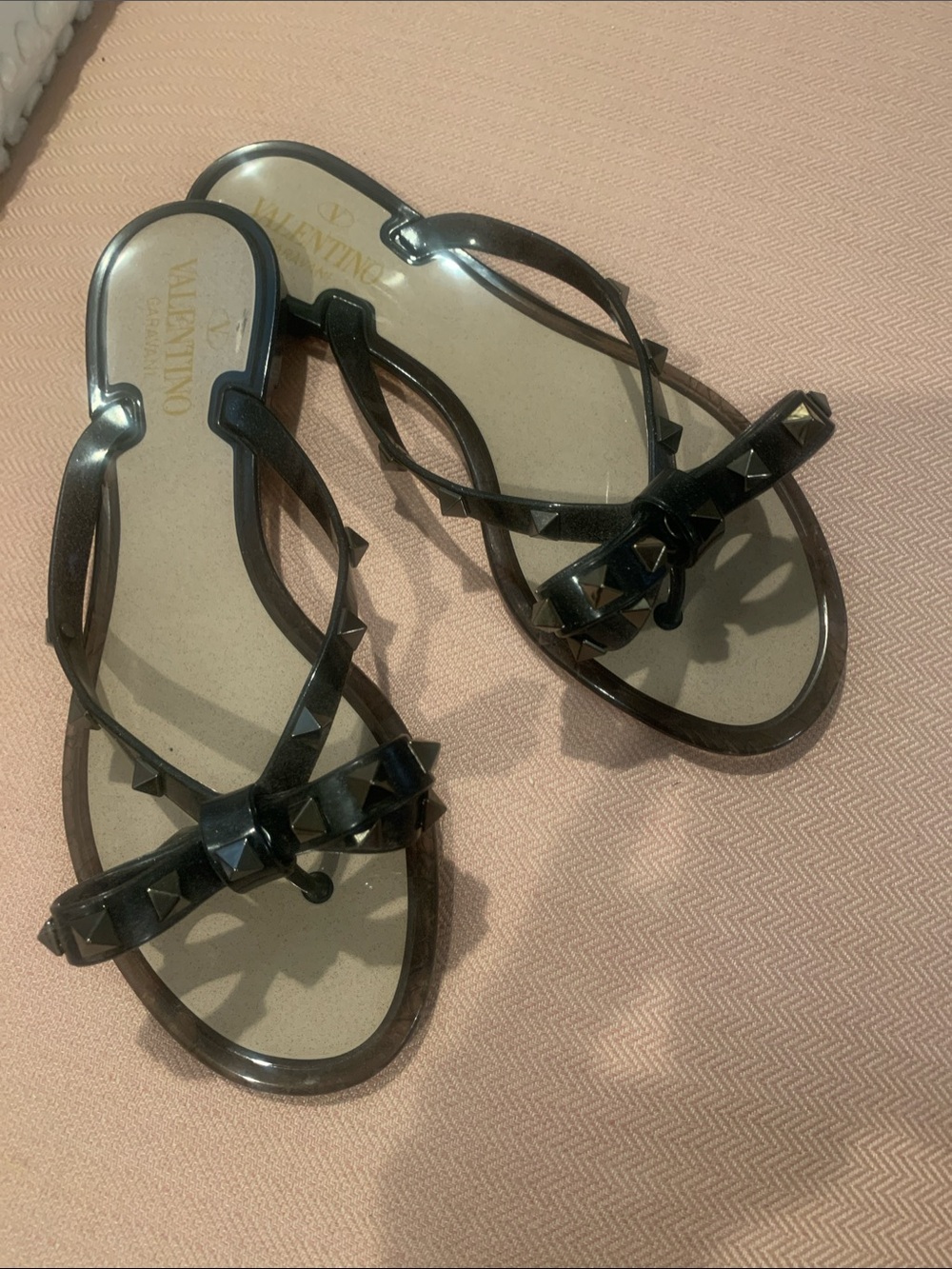 Valentino Garavani Black Jelly Rockstud Bow Thong Sandals